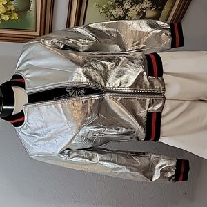 Silver metallic bomber jacket kids large black red stripes Haoduoyi brand